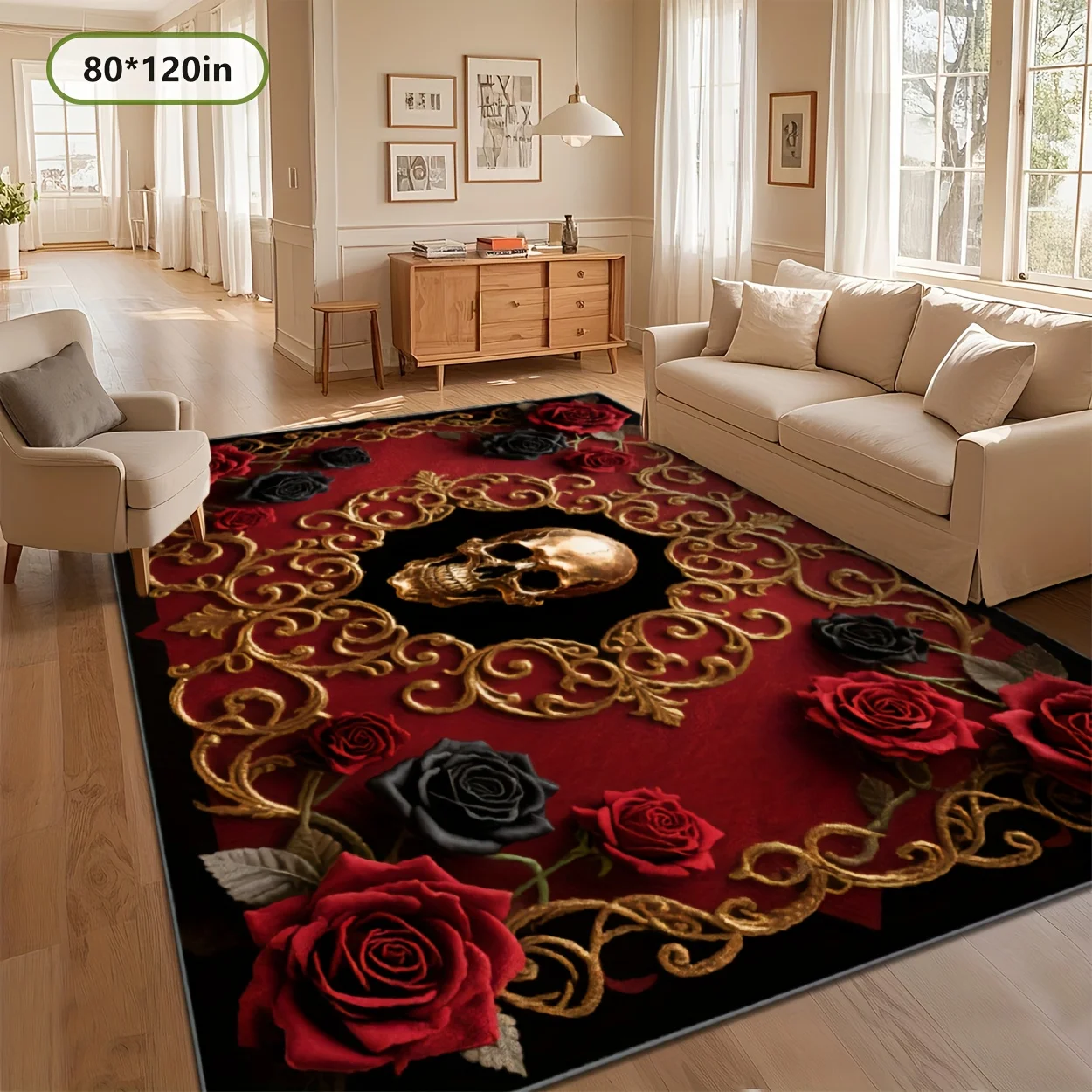 Black‑Red Luxury Rose Rug with Golden Swirls, Washable Durable Rubber‑Back Mat for Indoor Outdoor Home Cafe Shop Decor