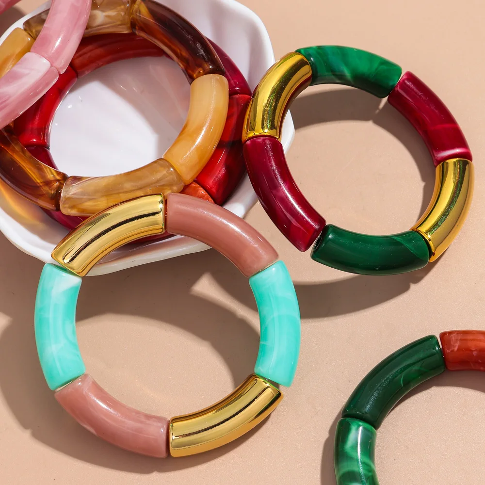 New Colorful Big Bamboo Tube Beads Acrylic Bracelets Bangle for Women Men Boho Stretch Curved Resin Bracelet Stack Jewelry Gifts