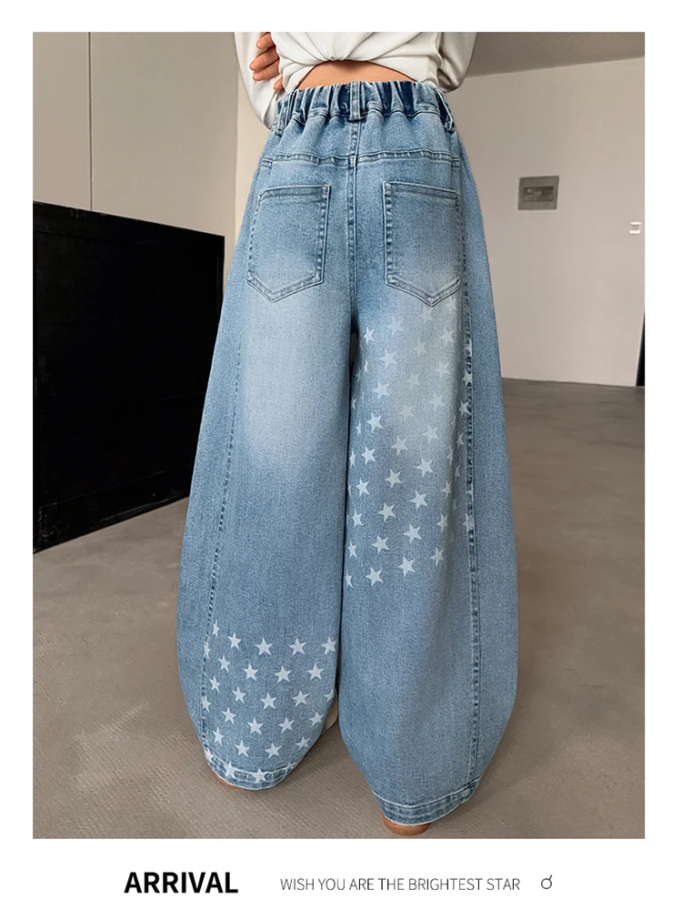 Neue Designer-Kinderjeans im Street-Style mit Sternen für Teenager-Mädchen, elegante blaue Denim-Hosen, Größe 5-14 – Detail 5