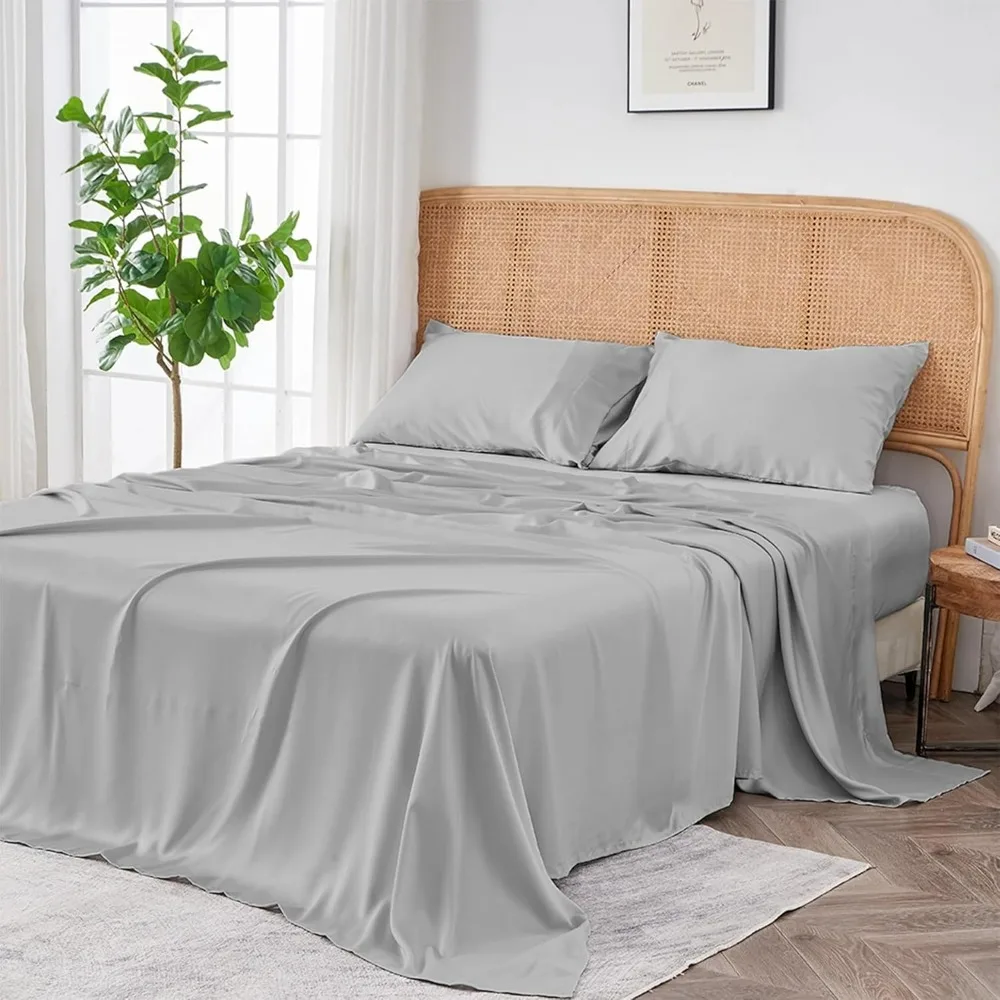 AiryWeight Tencel Sheet Set, 100% Lyocell Derived from Eucalyptus, 4pc-2 Pillowcases 1 Fitted 1 Top (Dove, King)