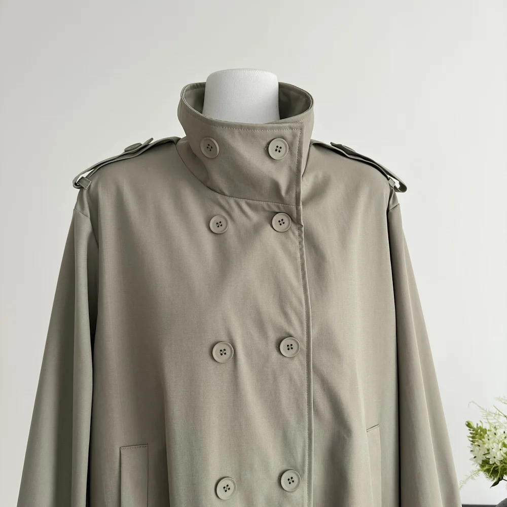 KWTX 2025 Women’s Short Trench Coat Stand Collar Double-Breasted Belted Solid Color Casual Fall Winter Premium Quality Pockets