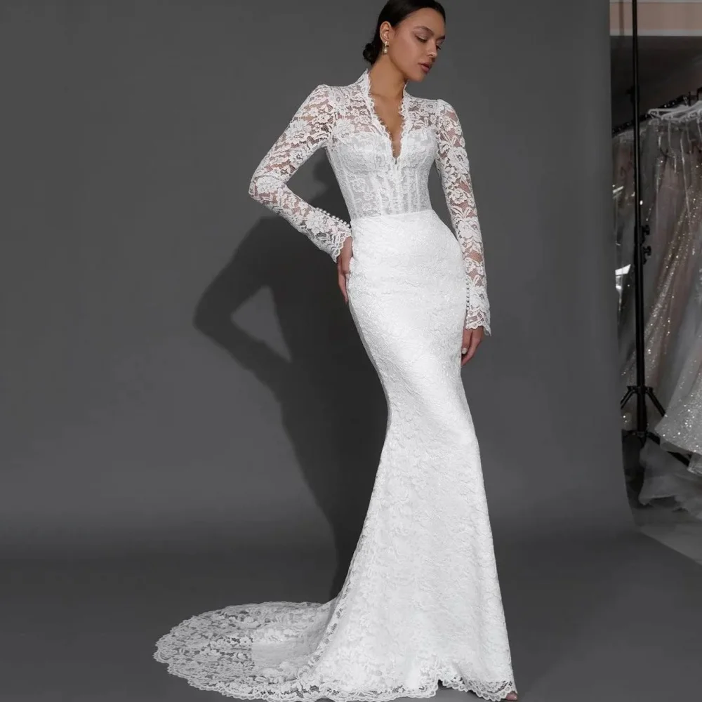فستان زفاف دانتيل مخصص برقبة على شكل V فساتين عروس حورية البحر بأكمام طويلة فساتين زفاف فاخرة جديدة أنيقة فيستدوس دي نوفيا