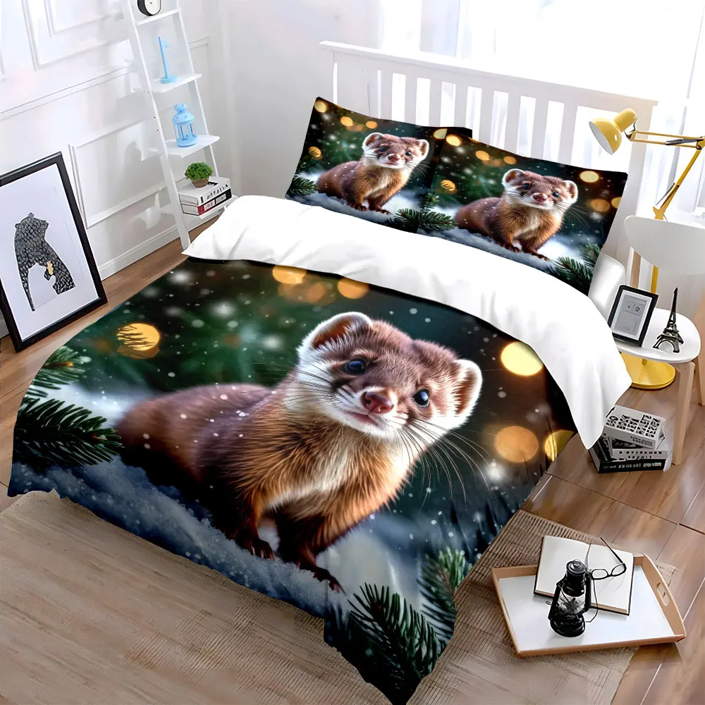 3Pcs Christmas Winter Ferret Duvet Cover Set, Snow Pine Tree Holiday Animal Bedding Single Double King Queen, Gift