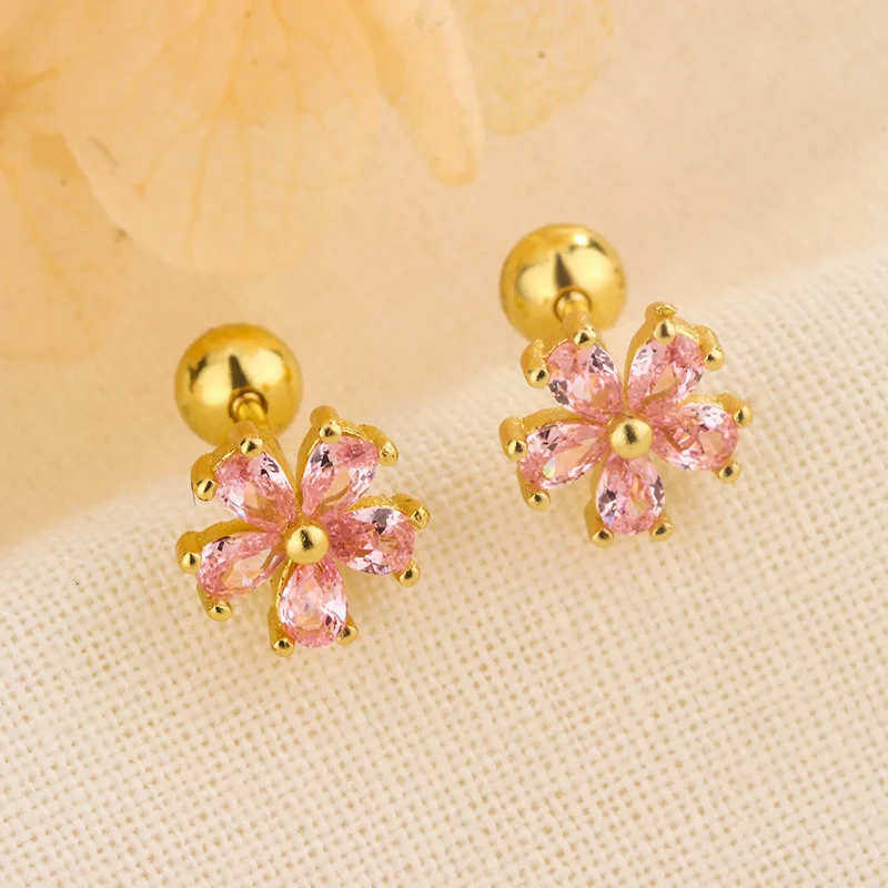 Fashion Exquisite Pink Crystal Flower Tragus Stud Earrings For Women Light Luxury Sweet Wedding Dance Party Jewelry Gift