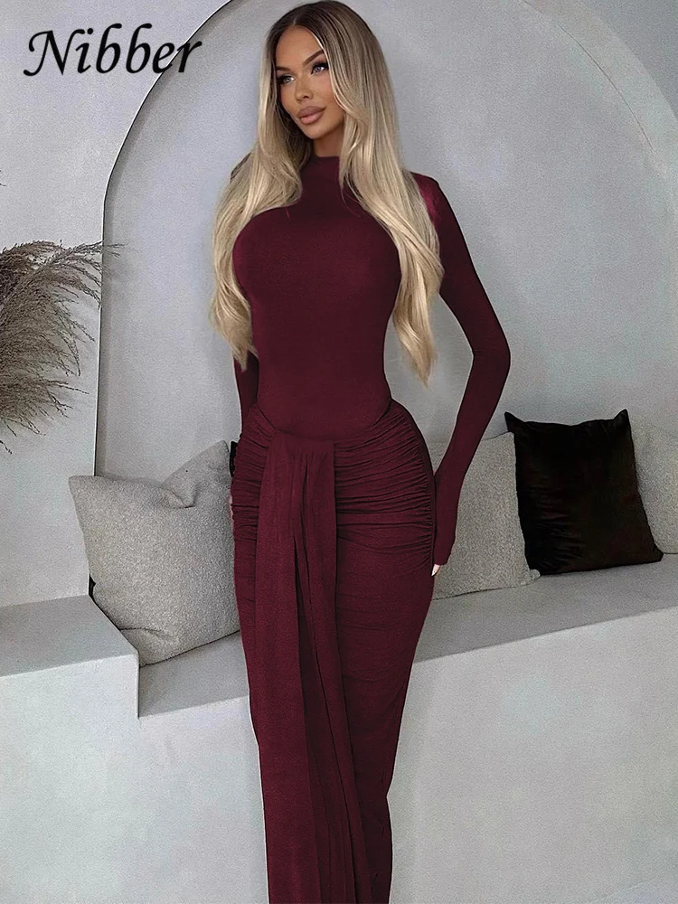 Nibber Casual elegancki damski 2-częściowy zestaw solidne body z dekoltem w kształcie litery "o" z pełnym rękawem + plisy frędzle obcisłe spódnice pasujące garnitury hipsterskie — zdjęcie 4