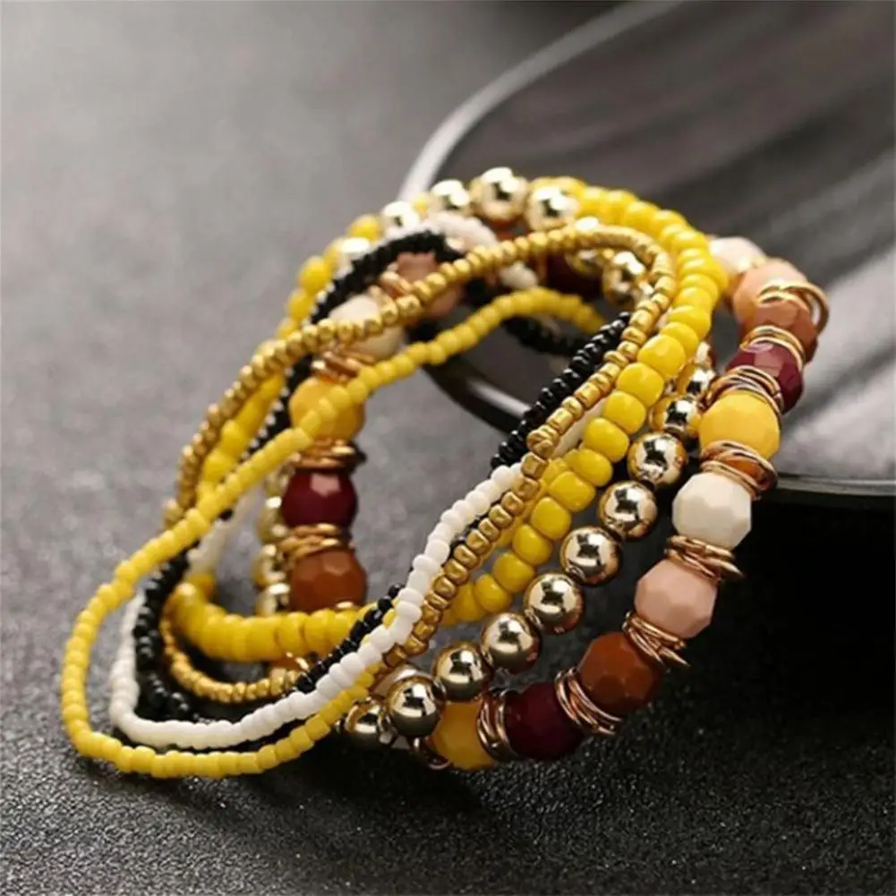 7Pcs/Set Women Boho Bracelets Bohemian Mix Style Multilayer Elastic Beaded Bracelets for Banquet Party Boho Jewelry Accessories