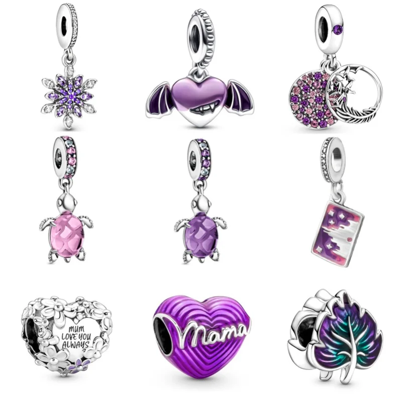 2024 New Purple Series Love Heart Feather Diamonds Charms Beads Pendant For Pandora Bracelets Keychain Necklace DIY Jewelry Gift