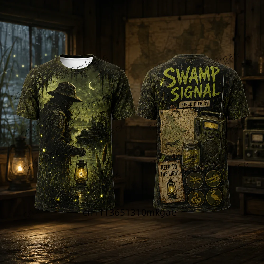 Unisex Summer Short Sleeve Kids T‑Shirt Swamp Signal Field File 31 Retro Crocodile Snake Wild Swamp Adventure Women Casual Tops