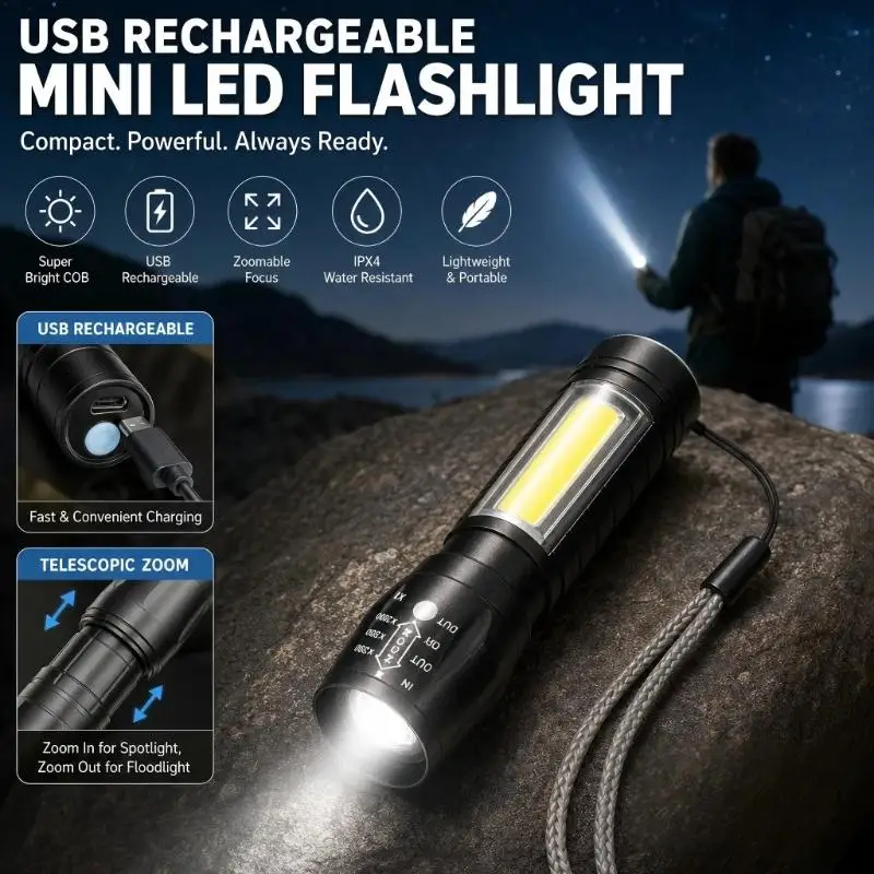 Mini Zoomable LED Flashlight Super Bright COB Side Light USB Rechargeable Portable Torch for Home Outdoor Hiking