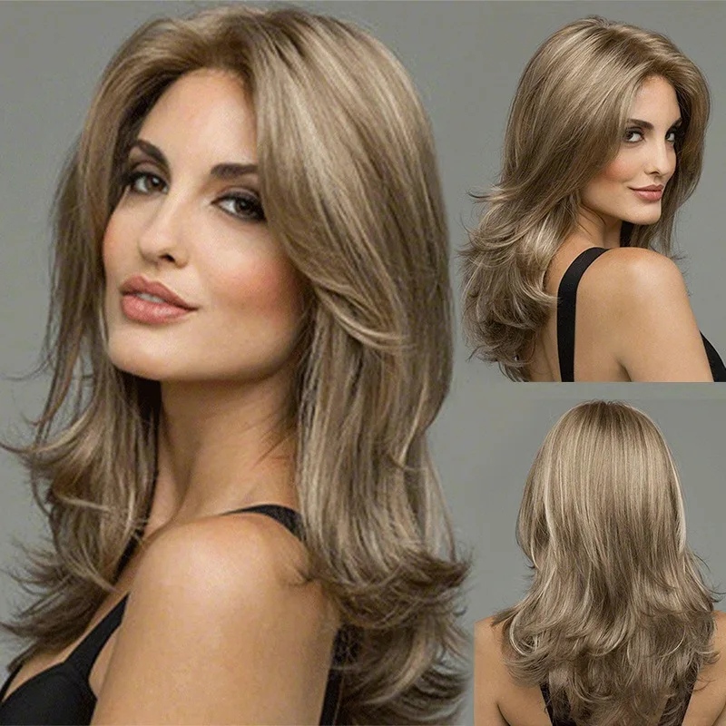 

Длинный прямой парик для женщин с центральной проборной прядью и челкой, воздушный многослойный, коричневый, волнистый, из синтетического волокна, для косплея, высококачественный парик