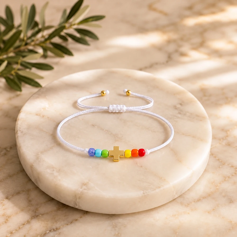 1pc Rainbow Beaded Cross Bracelet White Adjustable Cord Strand with Golden Cross Charm Minimalist Unisex Pride Design