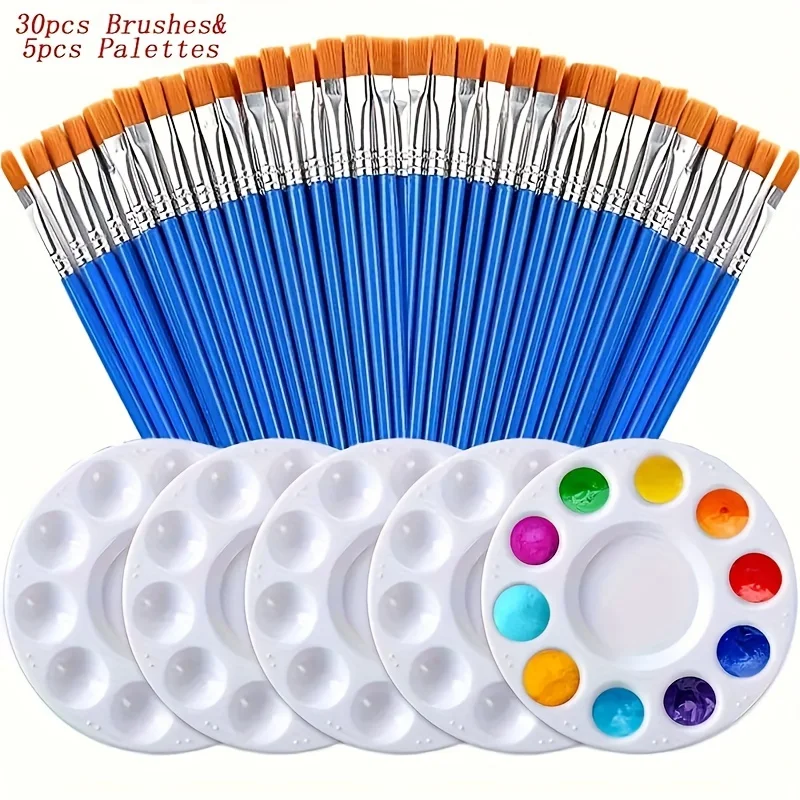 

Paint Brushes Palettes Set 30pcs Flat Nylon Hair Artist Brushes With 5pcs Paint Trays For Acrylic Watercolor Oil Gouache Tempera