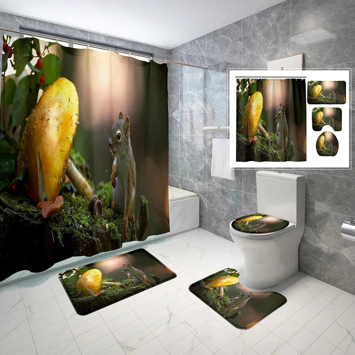 Squirrele Shower Curtain Set Autumn Deciduous 4 Pcs Shower Curtain Bathroom Non-Slip Bath Mat Toilet Cover Shower Curtain Set