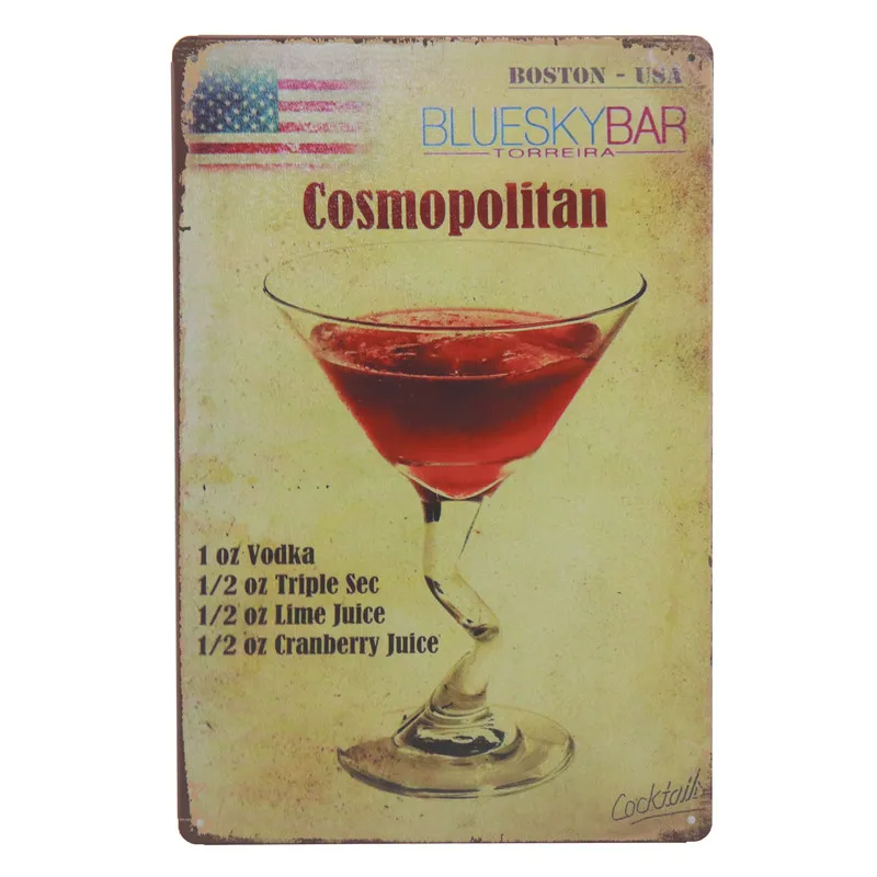 Classic Cocktail Recipes Metal Tin Signs Caipitinha Cosmopolitan Blue Lagoon Bahama Mama,Bloody Mary Wall Decor Board Retro Pub