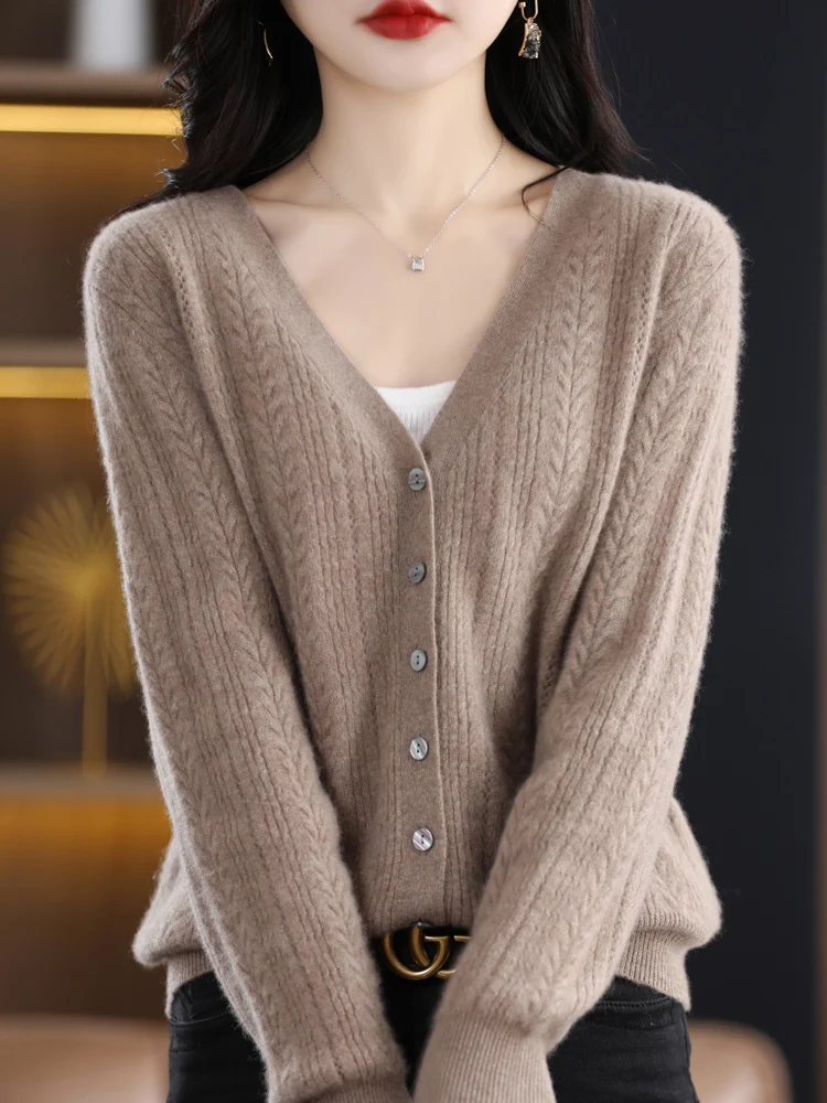 

Women 100% Merino Wool Cashmere Sweater V-Neck Cardigan Autumn Winter Basic Style Buttoned Knitwear Female Soft Casual Top