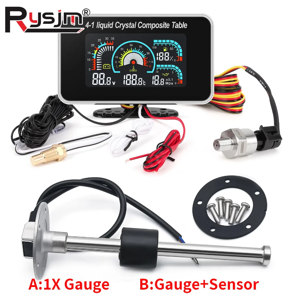 Digitales LCD 4-in-1-Kraftstoffstandmessgerät + 0–190 Ohm Kraftstoffstandsensor Wassertemperatur Öldruckmessgerät Voltmeter für PKW LKW