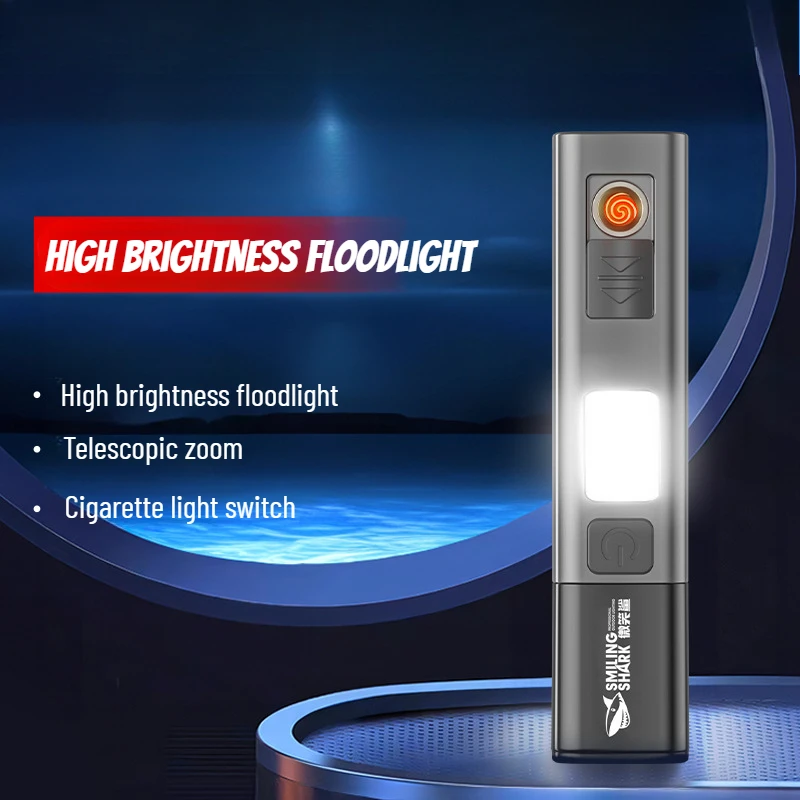 New Multi Functional Mini Flashlight with Telescopic Zoom, Cigarette Lighting Function,output Flashlight,COB Side Light, Lighter