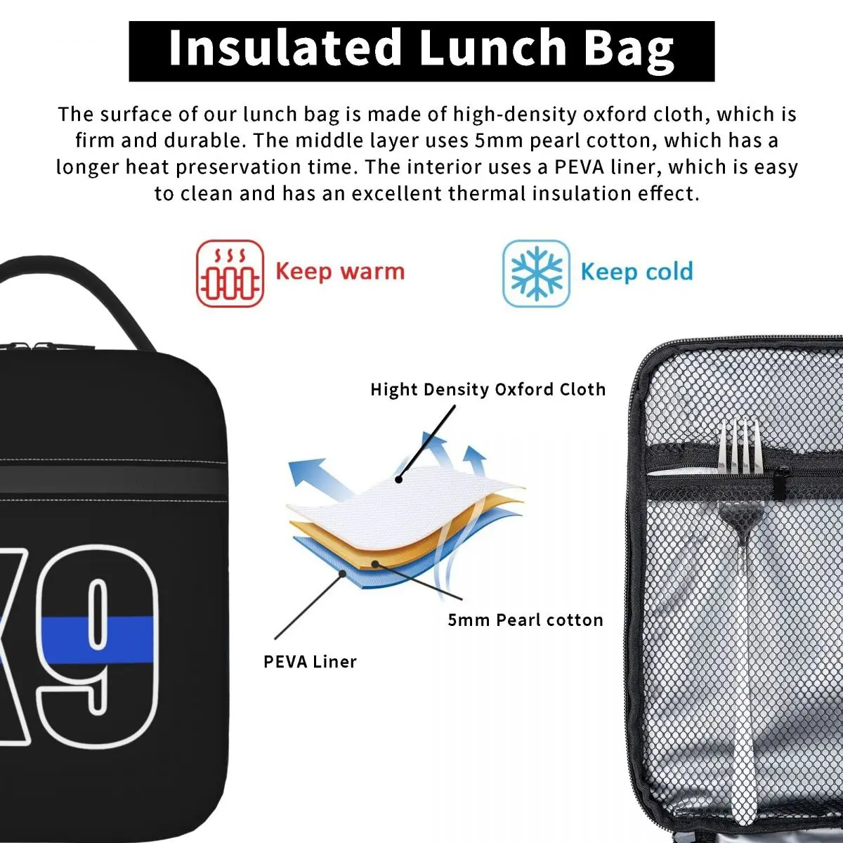 K9 Unit Thin Blue Line Officer Insulated Lunch Bag Thermal Bag Lunch Container High Capacity Tote Lunch Box Girl Boy College