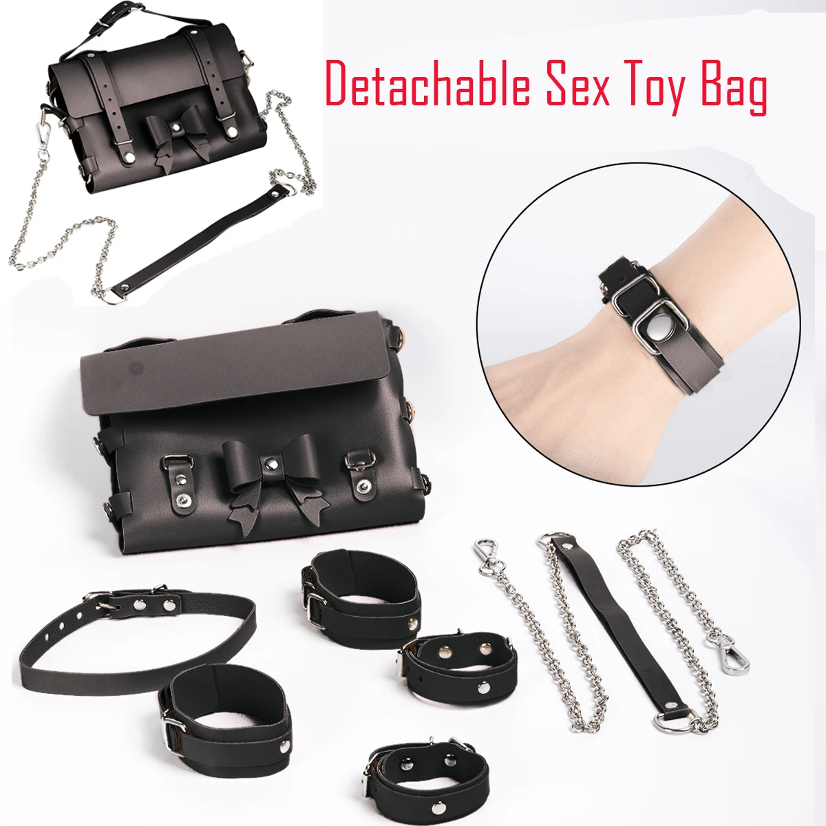 Detachable Sex Toy Bag BDSM Handcuff Ankle Cuff Restraint Chain Collar Leash Multifunctional Sextoy Kits Adult Discreet Sex Bag