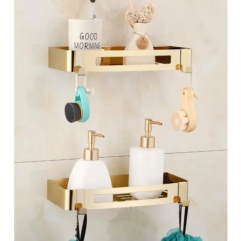 Bathroom Shelf Bath Storage Holder Wall Mounted Gold  Stainless Steel Square Bath Shower Shelf Bath Shampoo Holder Corner shelf