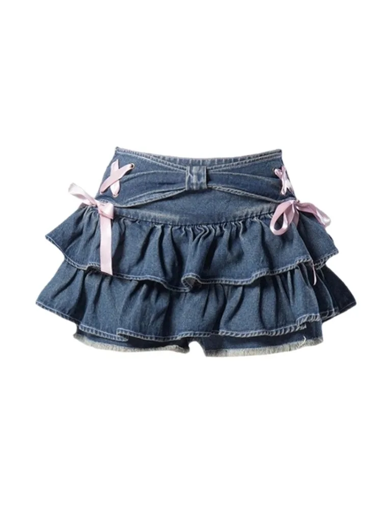 HOUZHOU Y2k Mini Denim Skirts Women Sweet Kawaii Streetwear Bow Hot Girl Pleated Skirts Sexy Summer Vintage Korean Fashion