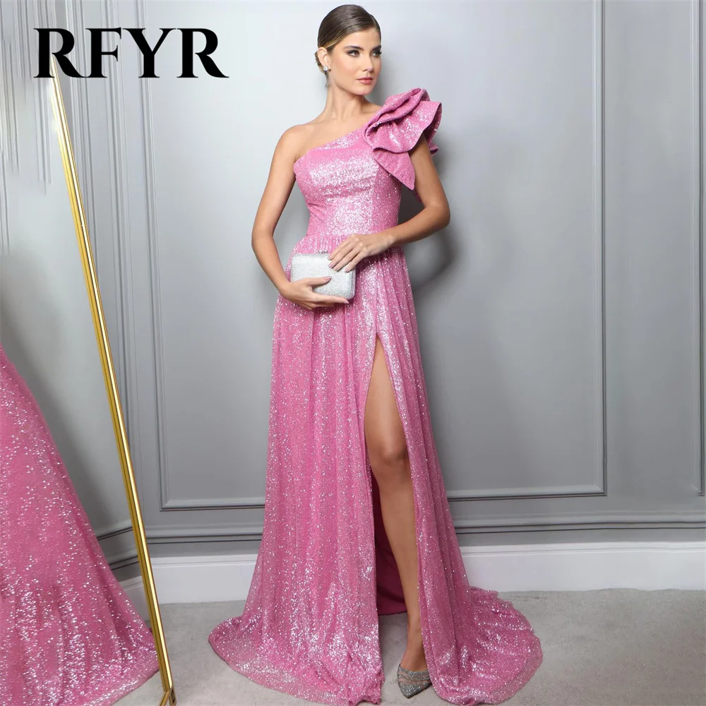 

RFYR One Shoulder Special Occasion Dress Pink Beach Sequin Formal Gown Long Glitter Evening Dress with Split vestidos de fiesta