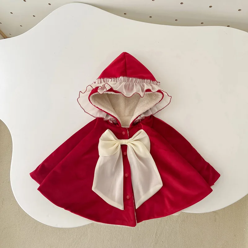Baby Cape Girls Plush Hooded Lace Big Bow Cloak Winter Thickened Children Christmas Outerwear Baby Girl Lovely Coat