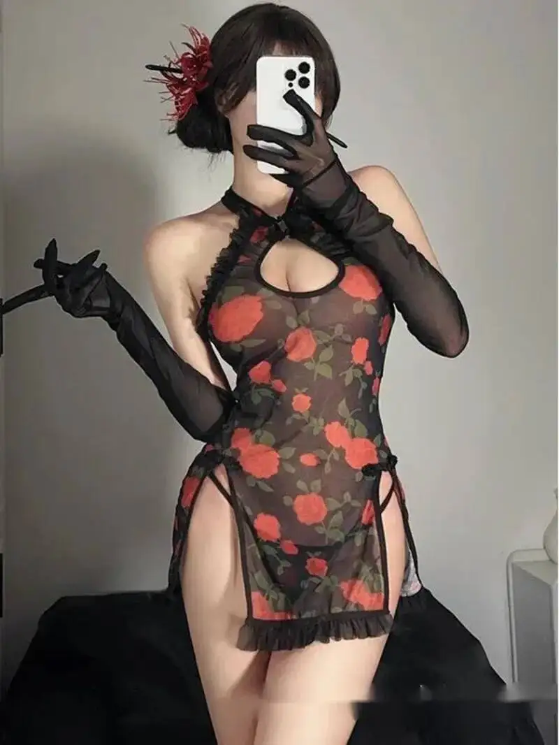 New Chinese Cheongsam  Ancient Style Role Playing Uniforms Sexy Perspective Dress Elegant Tank Mini Dress Bow Tops E9MZ