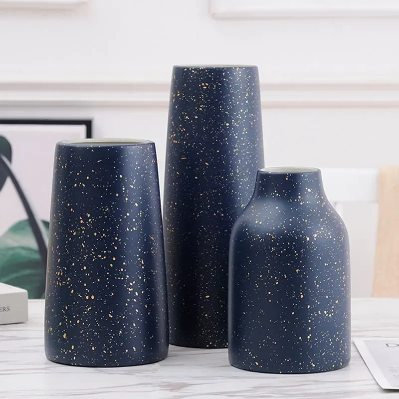 

Nordic Modern Blue Matt Gold Dot Ceramic Vase Navy Flower Arrangement Light Luxury Ornament Desktop Handicraft Home Decoration