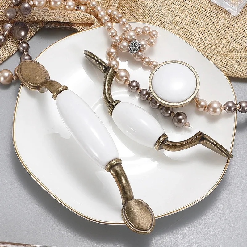White Ceramic + Zinc Alloy Drawer Pull Handles Hole Center 76/96/128mm Kitchen Cabinet Door Knobs Furniture Kitchen Accessories
