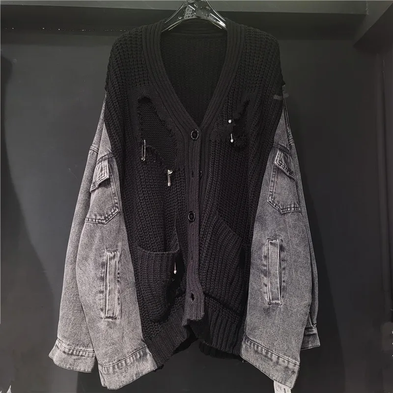 سترة نسائية فضفاضة من Tannt سترة محبوكة غير رسمية من قماش الدنيم سترة بفتحة مرقعة للبيع بالجملة دروبشيب 2025