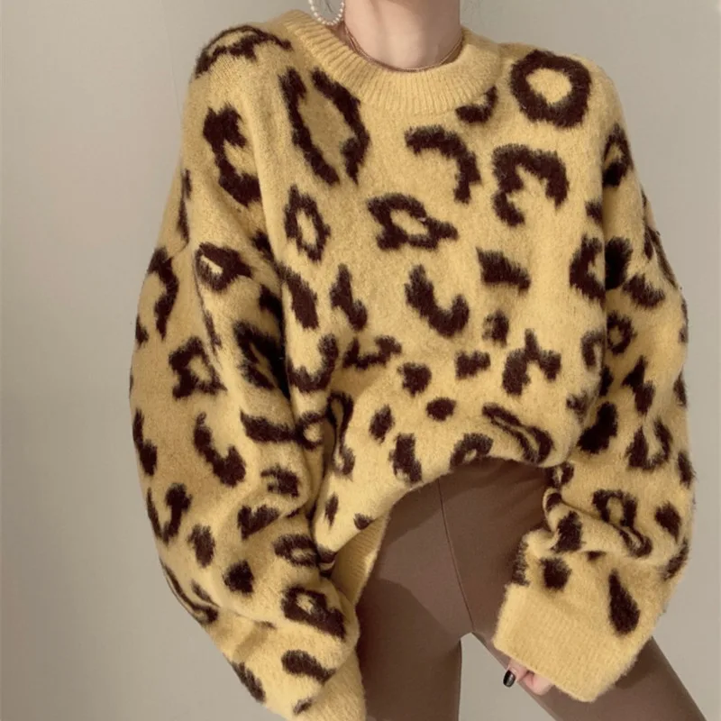 Korean Fashion Leopard Sweater Vintage Chic Kintted Pullover Winter Warm Thick Sweatshirt Women Casual Jumpers Streetwear