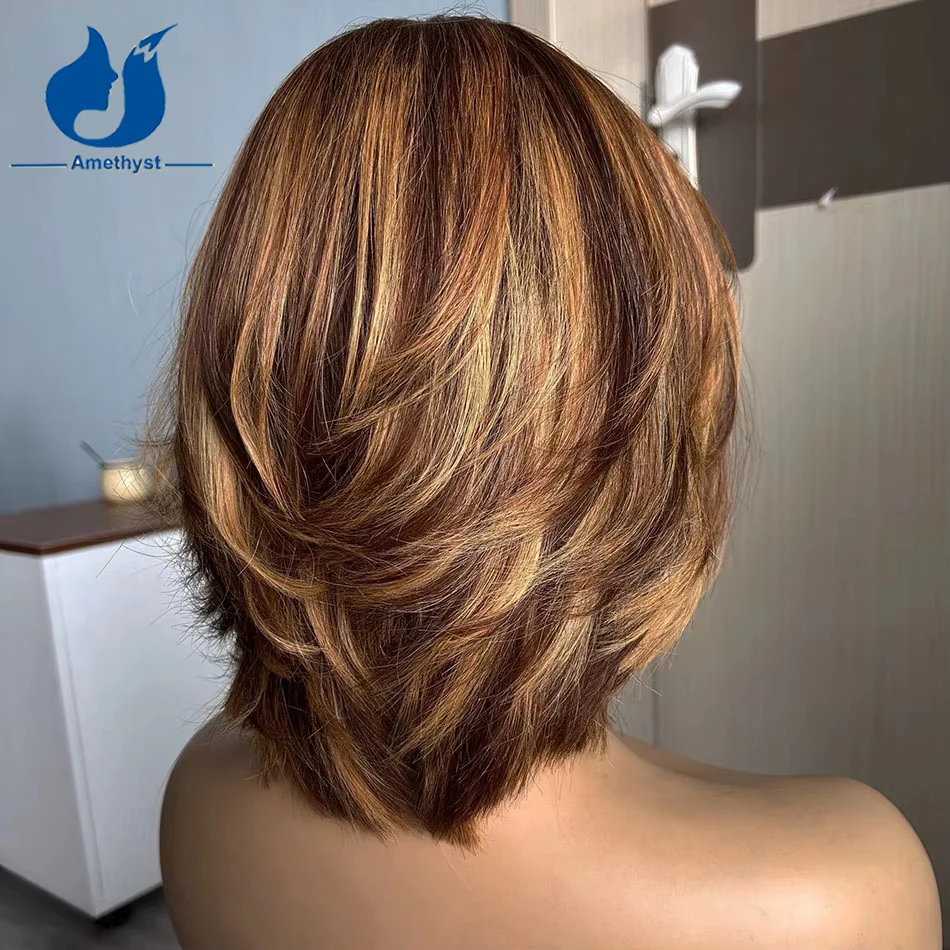 

Amethyst Layered Bob with Bangs Brown with Blonde Highlights Full Machine Made Human Hair Wig Remy Brazilian Scalp Top for Women