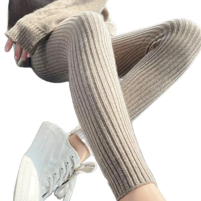 Neue Herbst Winter Frauen Hohe Taille Casual Wolle Koreanische Hosen Rippen Verdicken Elastizität Ankle-länge Hosen Gestrickte Leggings