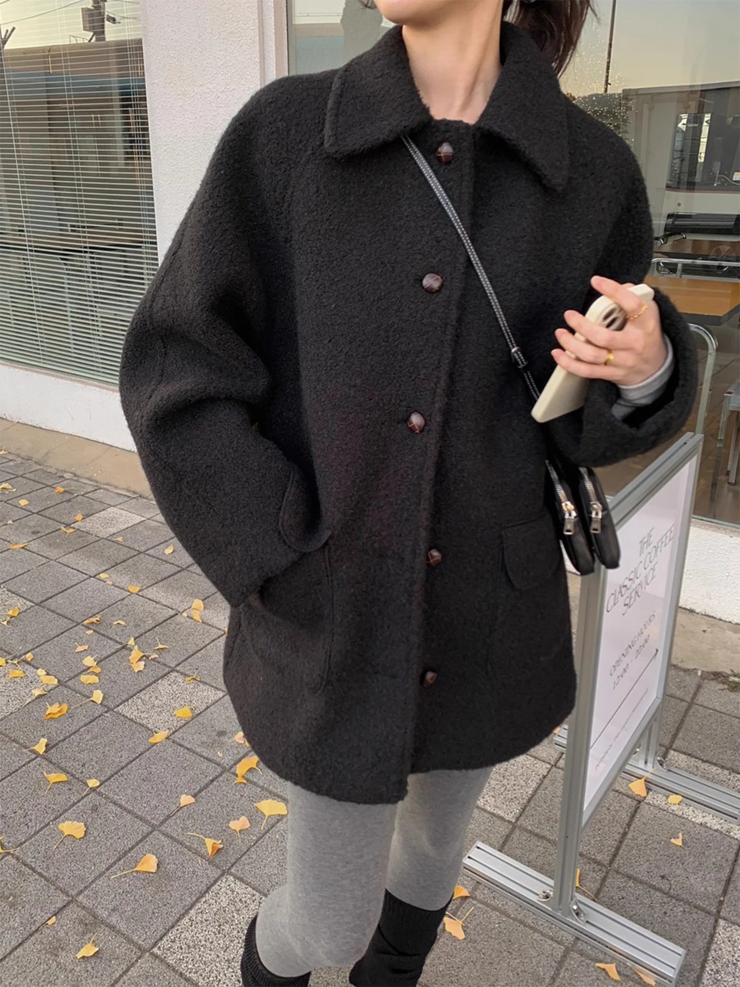 

Ele Woolen Coat Women's Long Single Buttoned Lapel Overcoat Loose Fit Warm Winter Outerwear Korean Sle Faionable