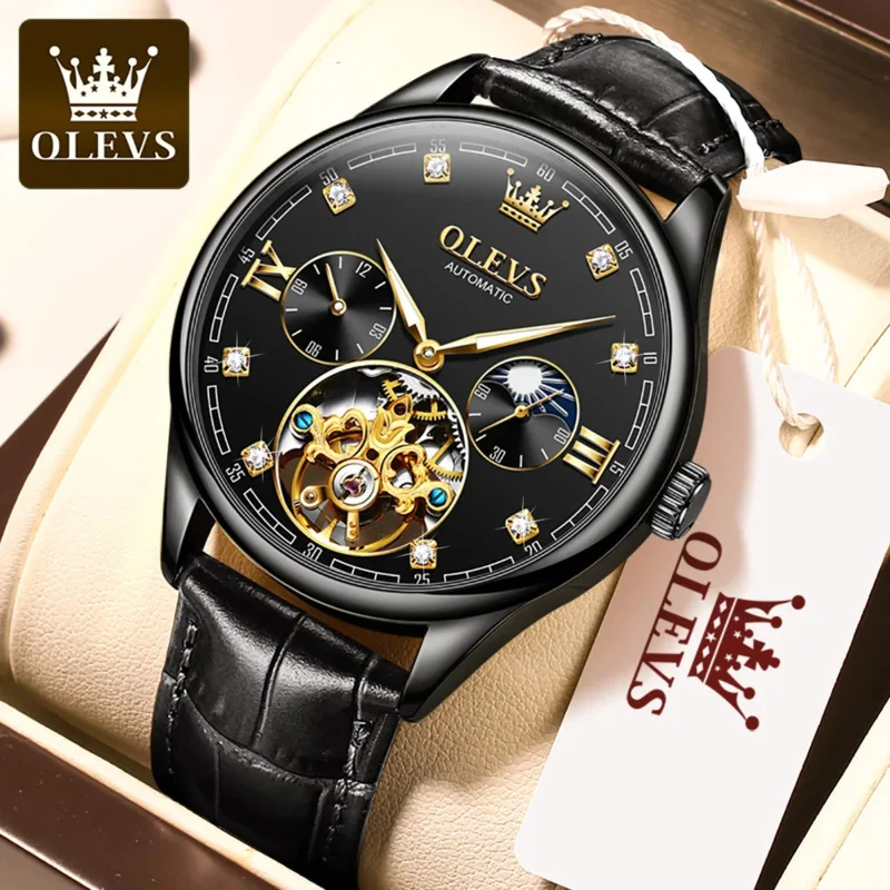 

OLEVS Skeleton Hollow Flywheel Automatic Mechanical Watch Men Leather Strap Waterproof Moon Phase Chronograph Watch 3601