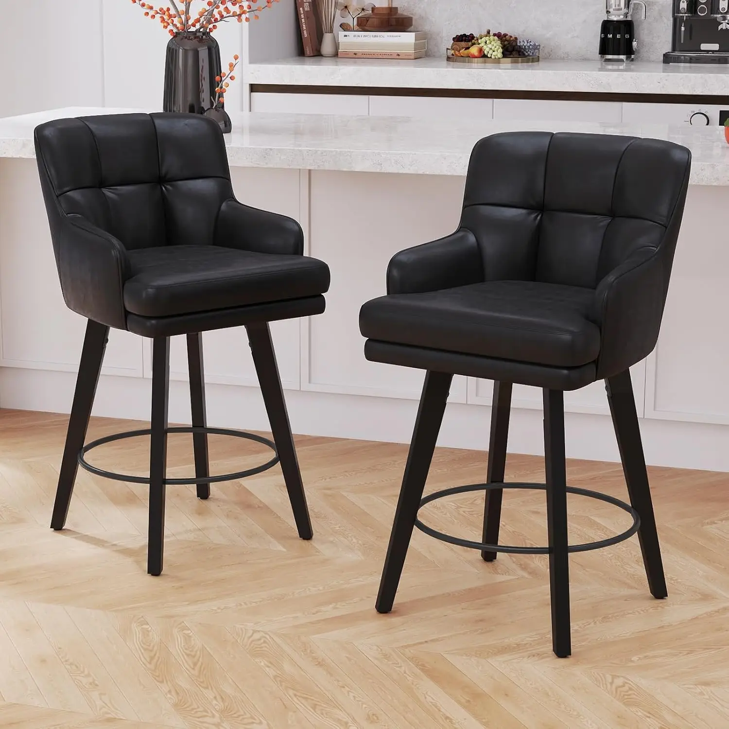 360 ° مقاعد بار ذات ارتفاع دوار مع ظهر، أرجل خشبية صلبة مقاس 26 بوصة، مقعد بار كراسي جزيرة المطبخ الحديثة، جلد صناعي (B)