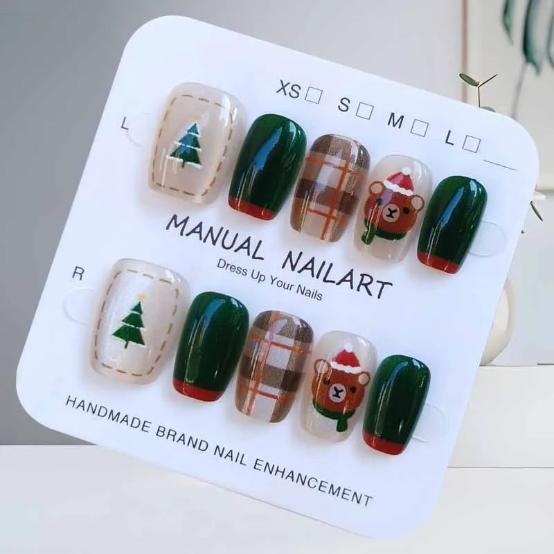 10 قطعة عيد الميلاد نصف اليدوية الصحافة على الأظافر الحلو فتاة شجرة عيد الميلاد والدب ندفة الثلج لطيف ثلج انفصال الأظافر كاذبة #5