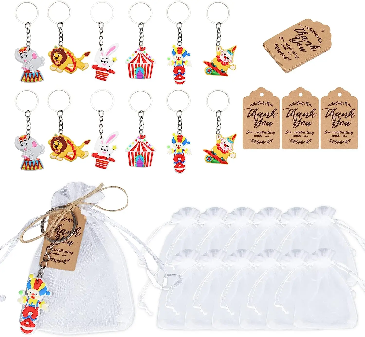 Circus Party Favors Circus Keychains with Thank You Tags Organza Bags for Kids Carnival Theme Birthday Party Decorations