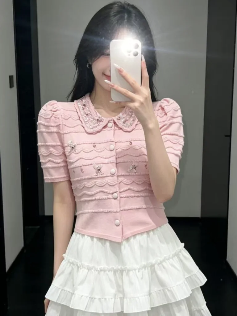 

Sweet Style Knitted Short Sleeve Doll Collar Open Cardigan Women's Fashion Top High End European Goods Summer Quality