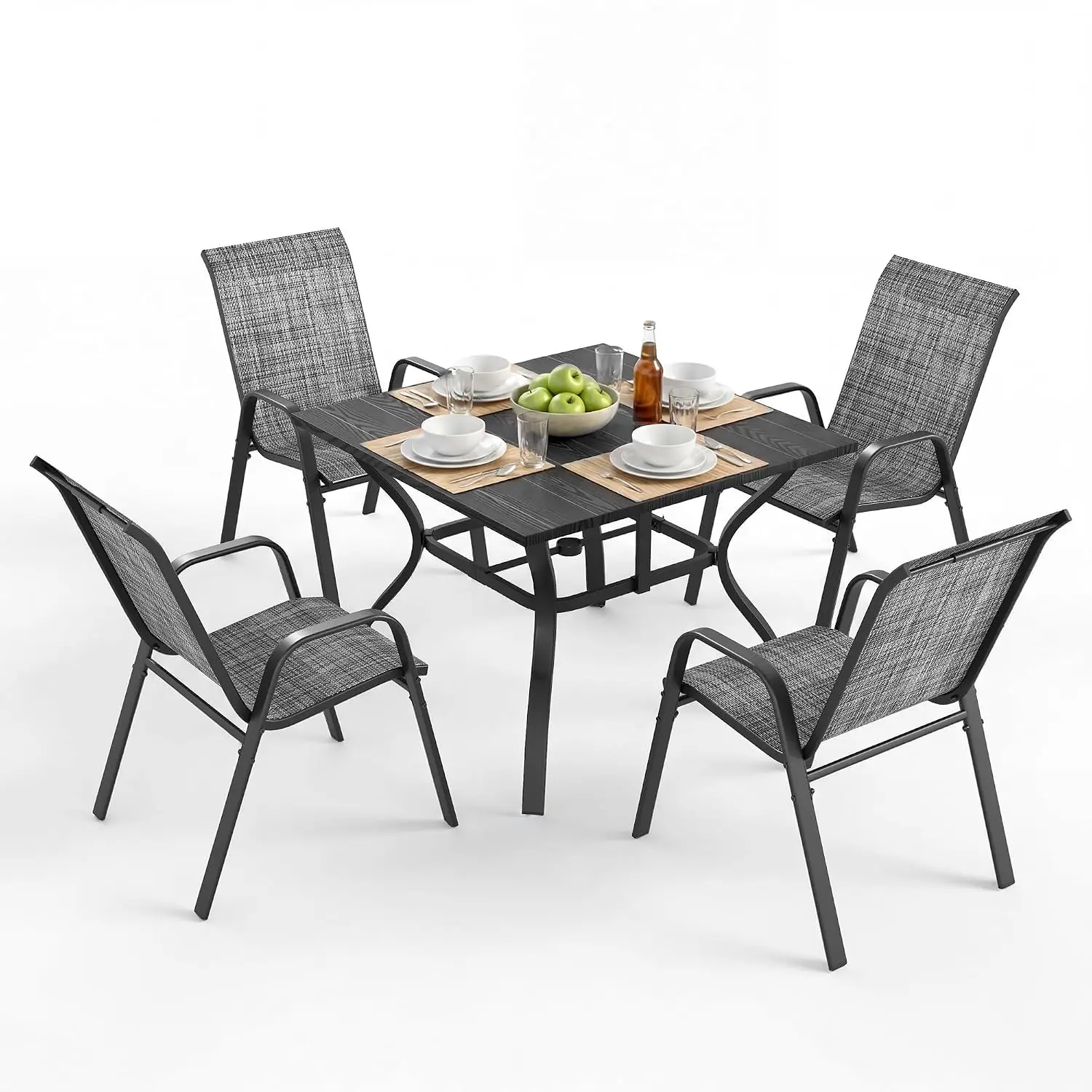 Outdoor Patio Dining Set for 4, 5 Pieces Patio Table and Chairs Set with Umbrella Hole, 37.8