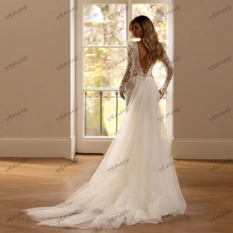 Kvat esküvői dresses sexi Álnok v-neck backless menyasszonyi gowns csipkével applique Ülésterem Hossz robes számára brides vestidos Delaware novia