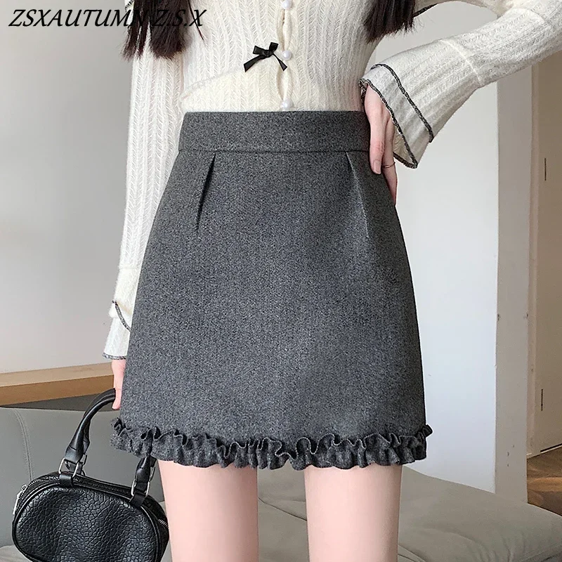 Winter 2024 New Thickened Fashion Skirt Women Lace Patchwork Woolen Skirt High-waisted A-line All-match Skirts Solid Color