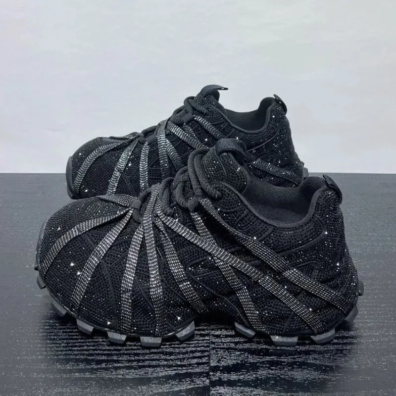 New Fashion Starry Sky Water Diamond Women Dad Shoes Comfort Thick Bottom Casual Sports Footwears Lace Up Female Chunky Sneakers