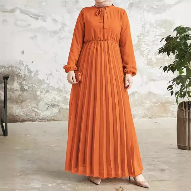 

Muslim Chiffon Abayas Blue Orange Pleated Round Neck High Waist Long Sleeves Dresses Fashion Elegant Middle East 2025 Arrival