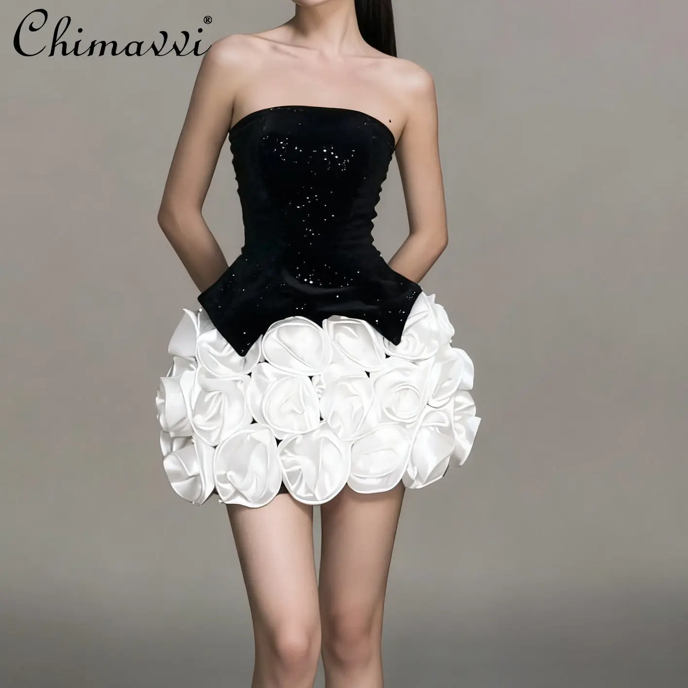 

French Elegant Fashion Celebrity Party Dresses Heavy Industry Strapless Top High Waist 3D Flower Short Skirt Two-piece Set Women