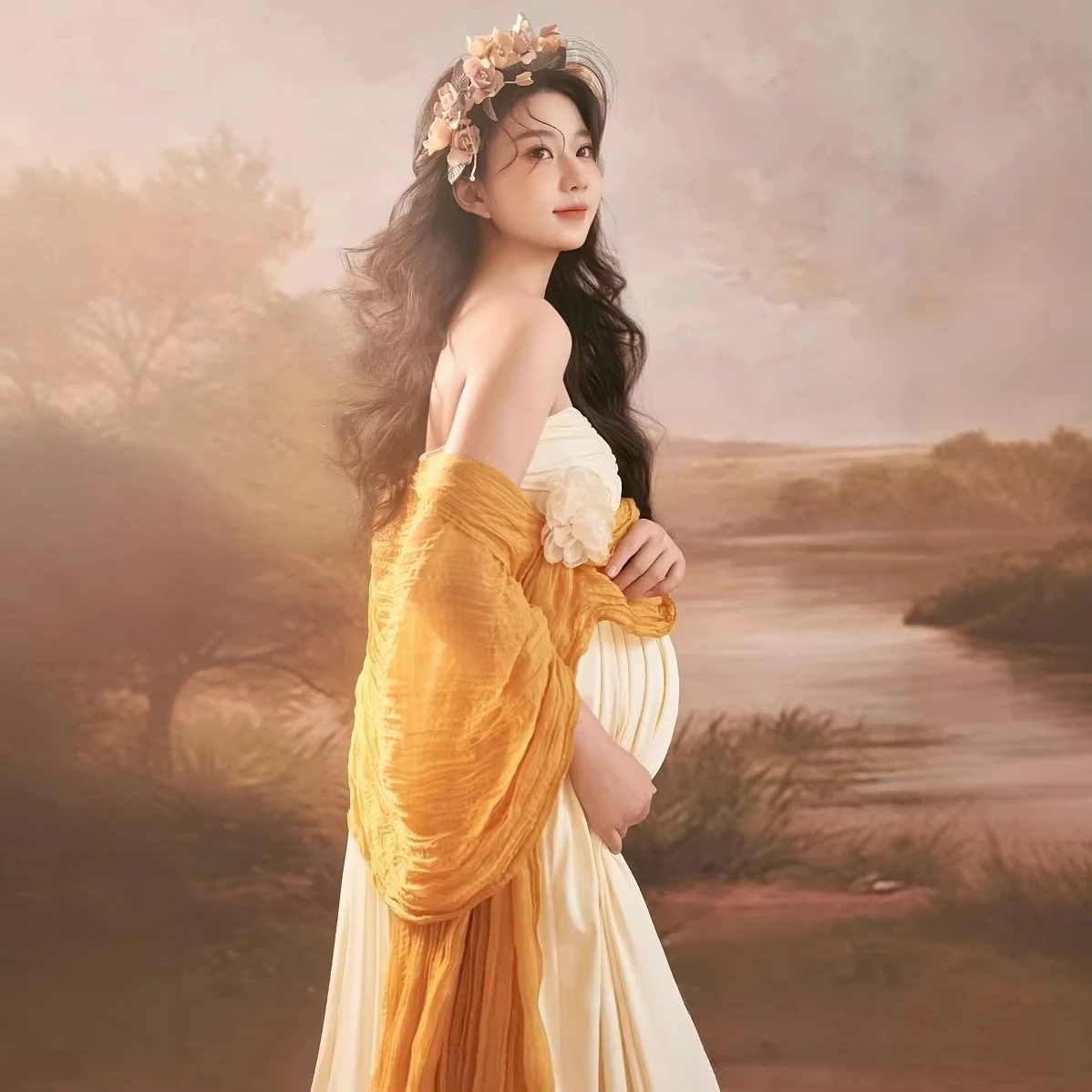 Women Maternity Dress for Photoshoot Elegant Greece Painting Style White Pregnancy Dresses Headband for Studio Photography Shoot