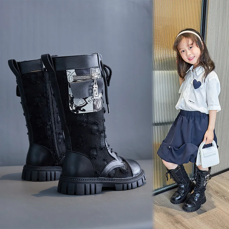 Britain Style Children Versatile Fashion Non-slip Pocket High Boots Kids 2022 Winter Boots for Toddler Girls Princess Catwalk PU