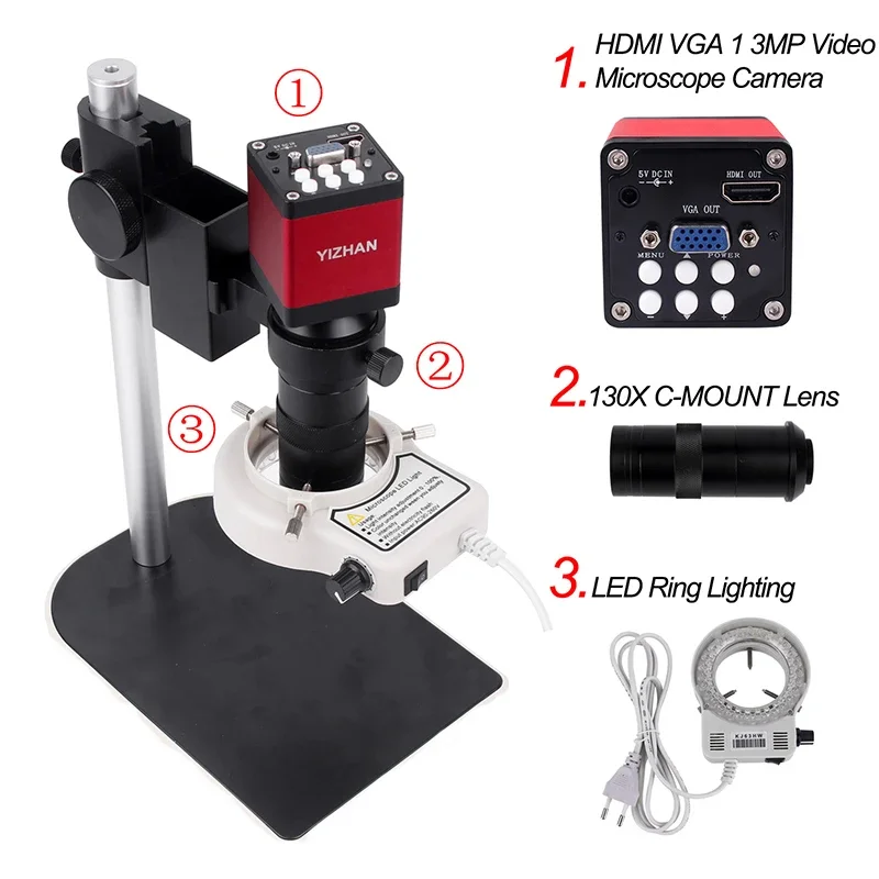 Digital VGA Industrial Microscope Camera Video Microscope sets HD 13MP 60F/S+130X C Mount Lens+LED Ring Light +Metal Stand