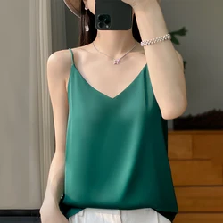 Summer Women's Sleeveless Top Fashion Satin Work Vest V-Neck Shirt Women's Camis Casual Beach Powder Blusher Strap VersatileRW01